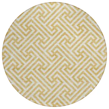8' Gold And Ivory Round Geometric Washable Indoor Outdoor Area Rug