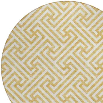 8' Gold And Ivory Round Geometric Washable Indoor Outdoor Area Rug