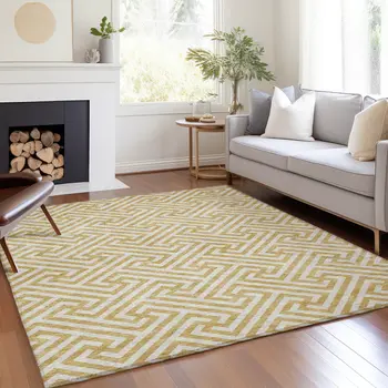 8' X 10' Gold And Ivory Geometric Washable Indoor Outdoor Area Rug