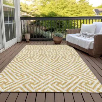 10' X 14' Gold And Ivory Geometric Washable Indoor Outdoor Area Rug