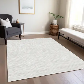 5' X 8' Ivory And Beige Geometric Washable Indoor Outdoor Area Rug