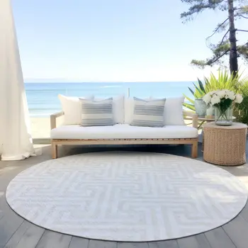 8' Ivory And Beige Round Geometric Washable Indoor Outdoor Area Rug