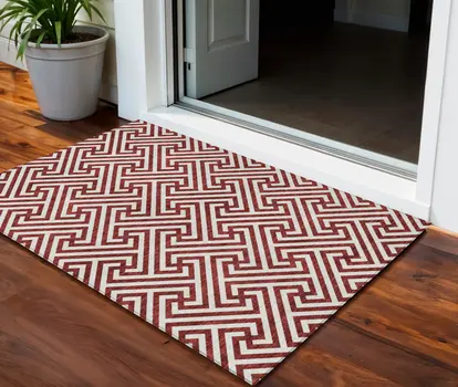 3' X 5' Merlot And Ivory Geometric Washable Indoor Outdoor Area Rug