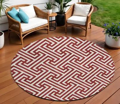 8' Merlot And Ivory Round Geometric Washable Indoor Outdoor Area Rug