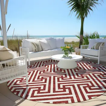 8' Merlot And Ivory Round Geometric Washable Indoor Outdoor Area Rug
