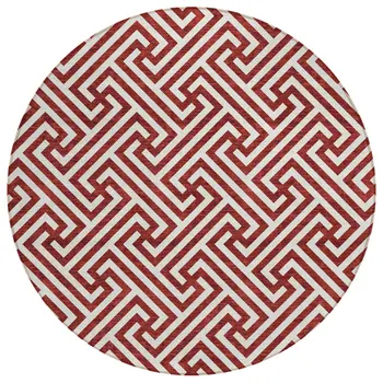 8' Merlot And Ivory Round Geometric Washable Indoor Outdoor Area Rug