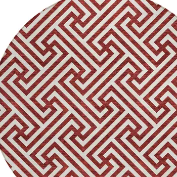 8' Merlot And Ivory Round Geometric Washable Indoor Outdoor Area Rug