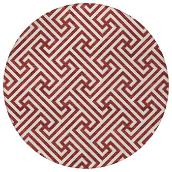 8' Merlot And Ivory Round Geometric Washable Indoor Outdoor Area Rug