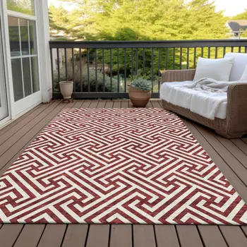 8' X 10' Merlot And Ivory Geometric Washable Indoor Outdoor Area Rug