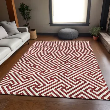 9' X 12' Merlot And Ivory Geometric Washable Indoor Outdoor Area Rug