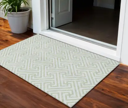 3' X 5' Mint Green Artichoke Green And Ivory Geometric Washable Indoor Outdoor Area Rug