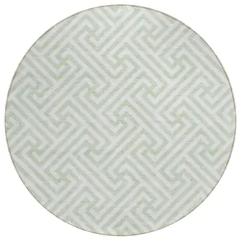 8' Mint Green Artichoke Green And Ivory Round Geometric Washable Indoor Outdoor Area Rug