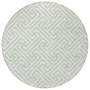 8' Mint Green Artichoke Green And Ivory Round Geometric Washable Indoor Outdoor Area Rug