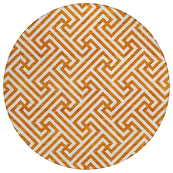 8' Orange And Ivory Round Geometric Washable Indoor Outdoor Area Rug