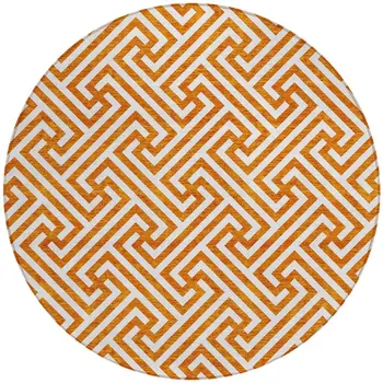 8' Orange And Ivory Round Geometric Washable Indoor Outdoor Area Rug