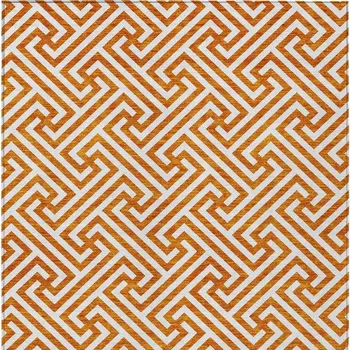 9' X 12' Orange And Ivory Geometric Washable Indoor Outdoor Area Rug
