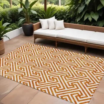 9' X 12' Orange And Ivory Geometric Washable Indoor Outdoor Area Rug