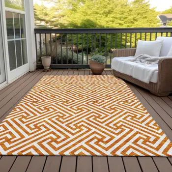 9' X 12' Orange And Ivory Geometric Washable Indoor Outdoor Area Rug