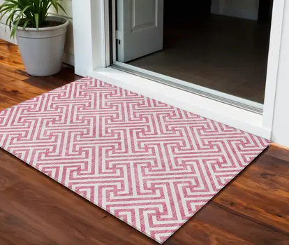 3' X 5' Pink And Ivory Geometric Washable Indoor Outdoor Area Rug