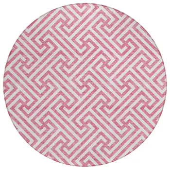 8' Pink And Ivory Round Geometric Washable Indoor Outdoor Area Rug
