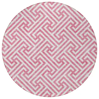 8' Pink And Ivory Round Geometric Washable Indoor Outdoor Area Rug
