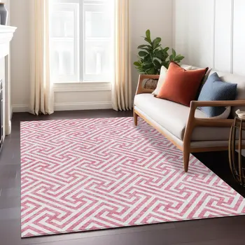 8' X 10' Pink And Ivory Geometric Washable Indoor Outdoor Area Rug