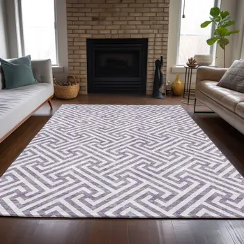 3' X 5' Purple And Ivory Geometric Washable Indoor Outdoor Area Rug