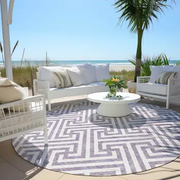 8' Purple And Ivory Round Geometric Washable Indoor Outdoor Area Rug