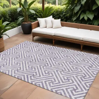 8' X 10' Purple And Ivory Geometric Washable Indoor Outdoor Area Rug