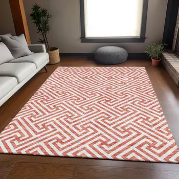3' X 5' Salmon And Ivory Geometric Washable Indoor Outdoor Area Rug