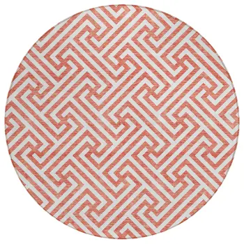 8' Salmon And Ivory Round Geometric Washable Indoor Outdoor Area Rug