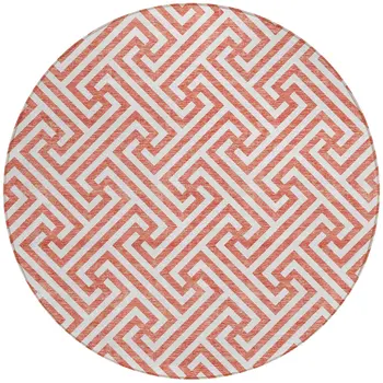 8' Salmon And Ivory Round Geometric Washable Indoor Outdoor Area Rug