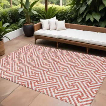 8' X 10' Salmon And Ivory Geometric Washable Indoor Outdoor Area Rug