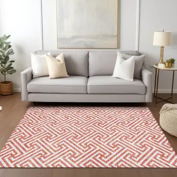 10' X 14' Salmon And Ivory Geometric Washable Indoor Outdoor Area Rug