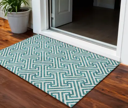 3' X 5' Teal Blue And Ivory Geometric Washable Indoor Outdoor Area Rug