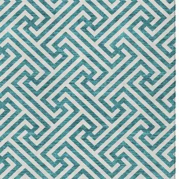 5' X 8' Teal Blue And Ivory Geometric Washable Indoor Outdoor Area Rug