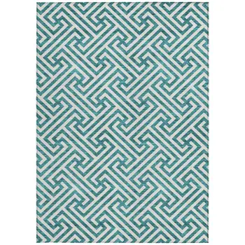 8' X 10' Teal Blue And Ivory Geometric Washable Indoor Outdoor Area Rug