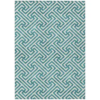 8' X 10' Teal Blue And Ivory Geometric Washable Indoor Outdoor Area Rug