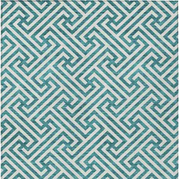 8' X 10' Teal Blue And Ivory Geometric Washable Indoor Outdoor Area Rug