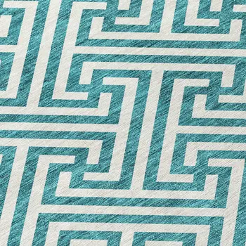 8' X 10' Teal Blue And Ivory Geometric Washable Indoor Outdoor Area Rug