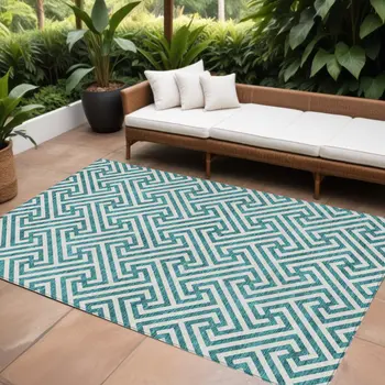 9' X 12' Teal Blue And Ivory Geometric Washable Indoor Outdoor Area Rug