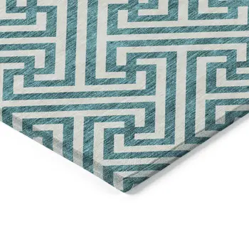 10' X 14' Teal Blue And Ivory Geometric Washable Indoor Outdoor Area Rug