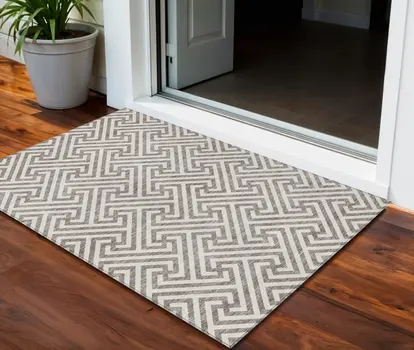 3' X 5' Taupe And Ivory Geometric Washable Indoor Outdoor Area Rug