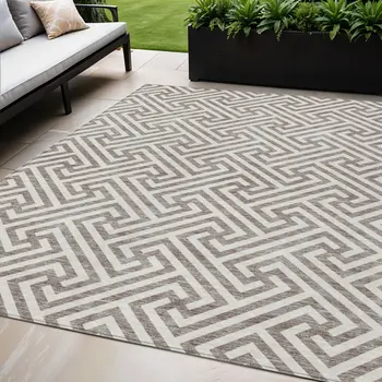 5' X 8' Taupe And Ivory Geometric Washable Indoor Outdoor Area Rug