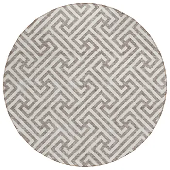 8' Taupe And Ivory Round Geometric Washable Indoor Outdoor Area Rug