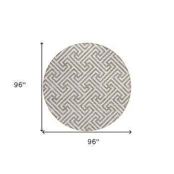 8' Taupe And Ivory Round Geometric Washable Indoor Outdoor Area Rug