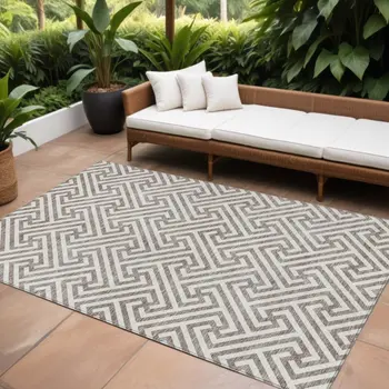 9' X 12' Taupe And Ivory Geometric Washable Indoor Outdoor Area Rug