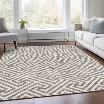 9' X 12' Taupe And Ivory Geometric Washable Indoor Outdoor Area Rug