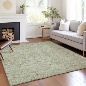 5' X 8' Artichoke Green And Ivory Geometric Washable Indoor Outdoor Area Rug
