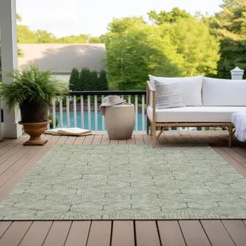 5' X 8' Artichoke Green And Ivory Geometric Washable Indoor Outdoor Area Rug